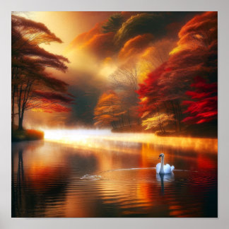 Autumn Serenity with Swan - Peaceful Nature Poster