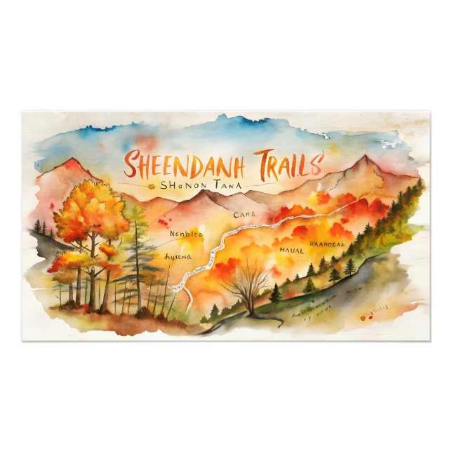 Autumn Shenandoah Trails Map – Watercolor Wall Art (Front)