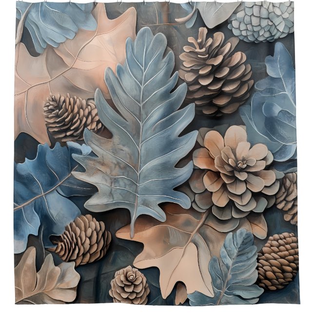 Autumn Shower curtain Oak Leaf and Pine cones (Front)