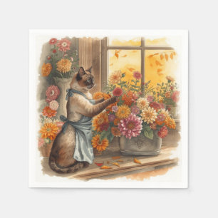 Autumn Siamese Cat Florist arranging flowers  Napkin