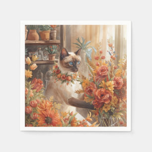 Autumn Siamese Cat Florist arranging flowers Napkin