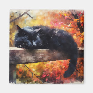 Autumn Sleeping Black Cat Magnet