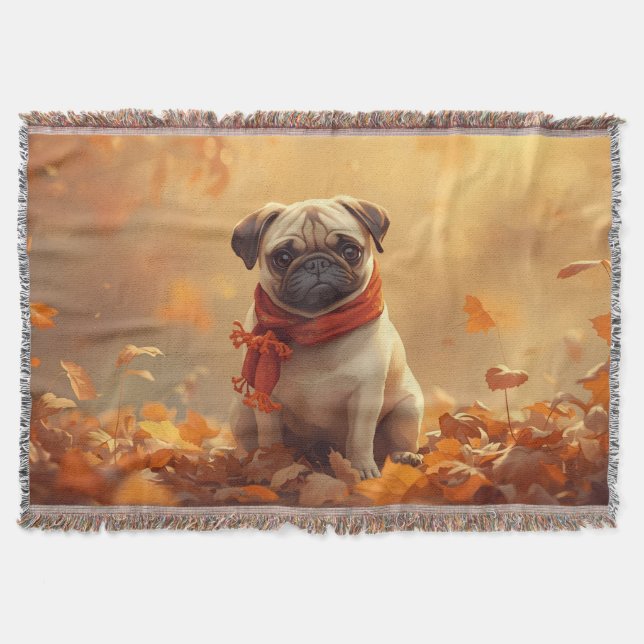  “Autumn Snuggles with Pugsy” Cute Autumn Pug Throw Blanket (Front)