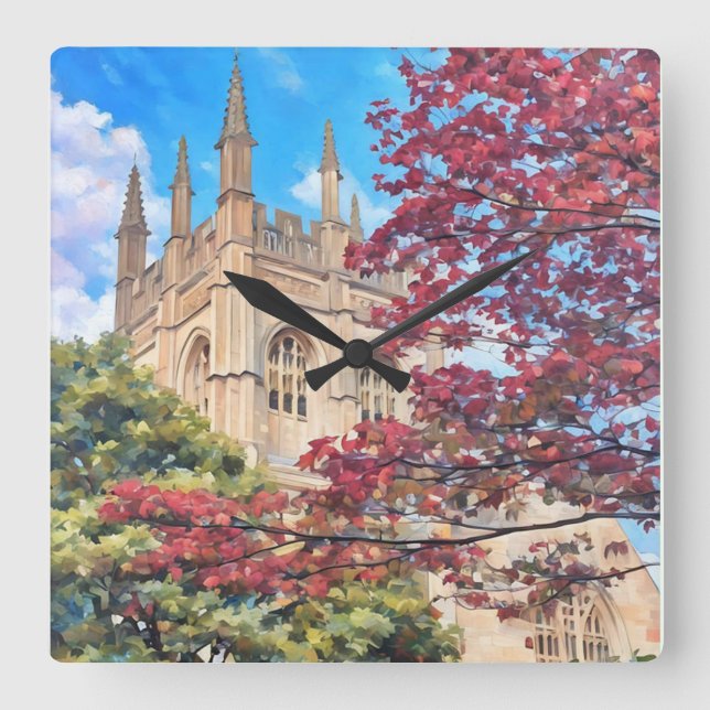 Autumn Spires – Oxford Cathedral in Fall Square Wall Clock (Front)