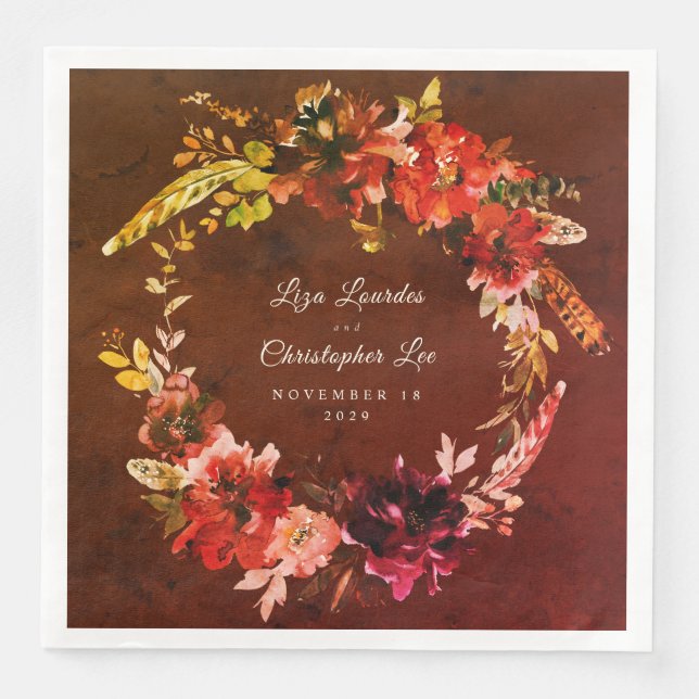 Autumn Splendour Fall Floral Wreath Browned Weddin Napkin (Front)