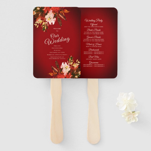Autumn Splendour Floral Burnished Red Wedding Hand Fan (Front and Back)