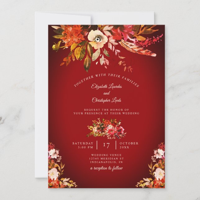 Autumn Splendour Floral Washed Red Wedding Invitation (Front)