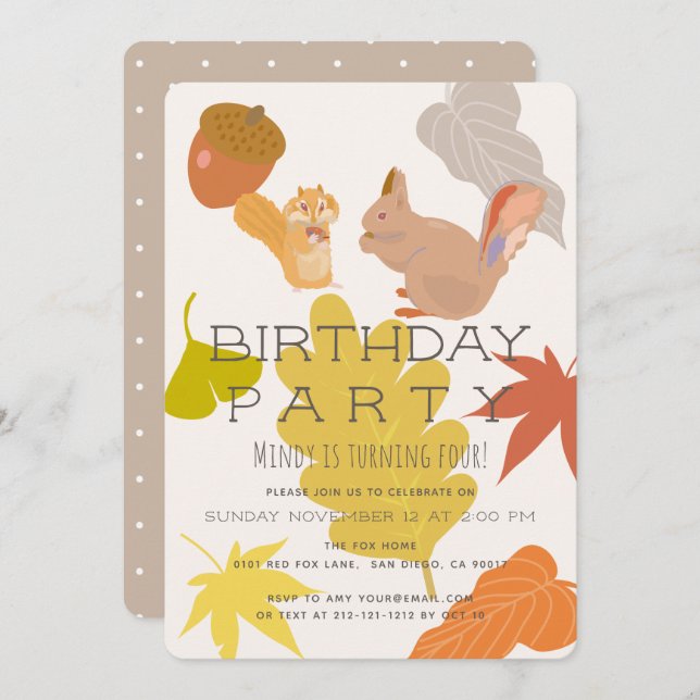 Autumn Squirrel & Chipmunk Birthday Invitation (Front/Back)