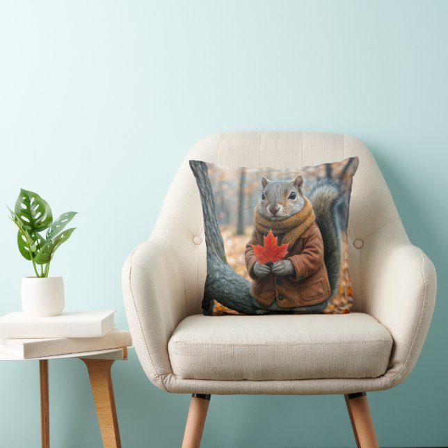 Autumn Squirrel Holding a Red Maple Leaf Cushion (Chair)
