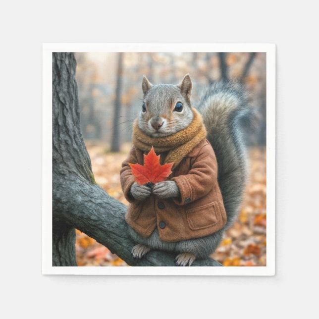 Autumn Squirrel Holding a Red Maple Leaf Napkin (Front)