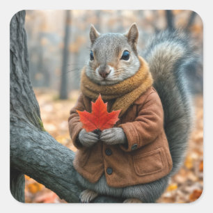 Autumn Squirrel Holding a Red Maple Leaf Square Sticker