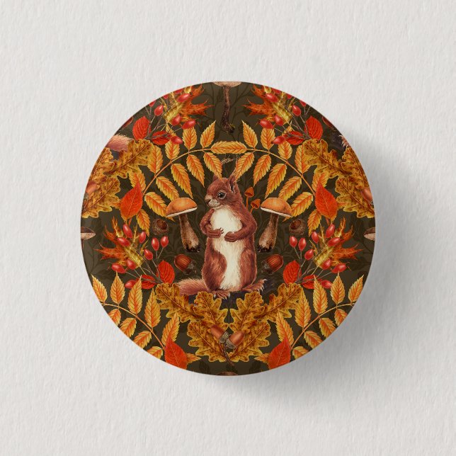 Autumn squirrel on dark brown 3 cm round badge (Front)