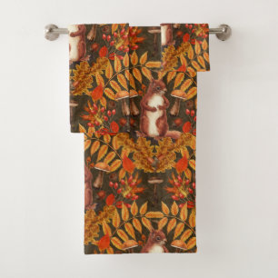 Autumn squirrel on dark brown bath towel set