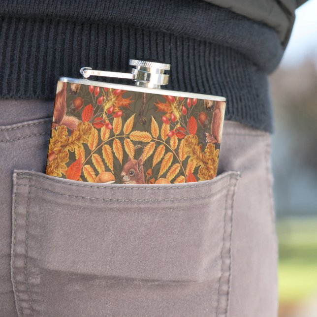 Autumn squirrel on dark brown hip flask (In Situ)