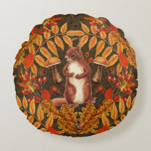 Autumn squirrel on dark brown round cushion