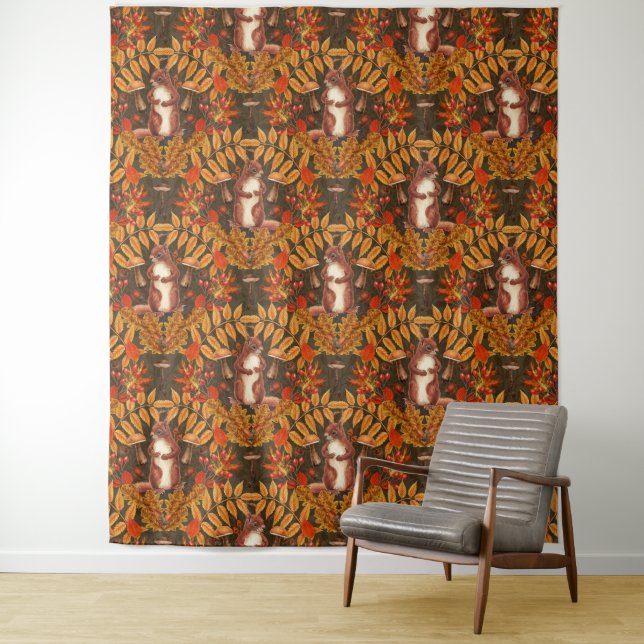 Autumn squirrel on dark brown tapestry (In Situ)
