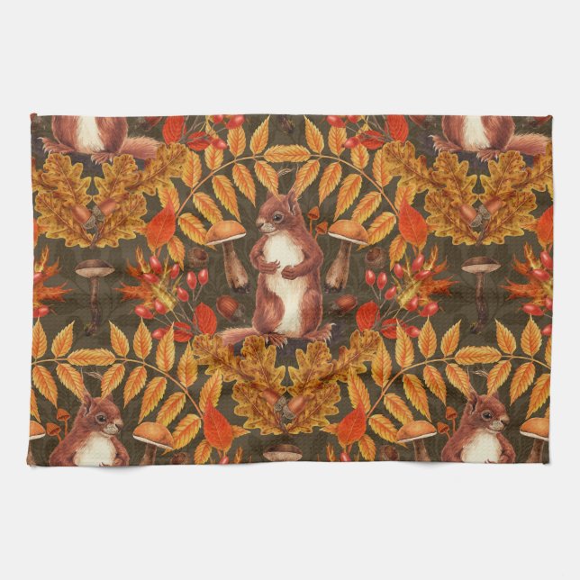 Autumn squirrel on dark brown tea towel (Horizontal)