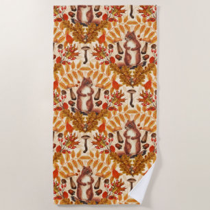 Autumn squirrel on off white beach towel