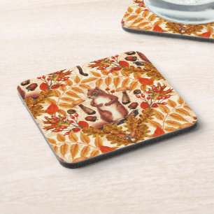 Autumn squirrel on off white coaster