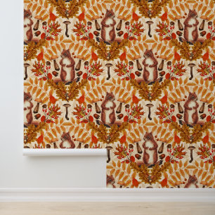 Autumn squirrel on off white wallpaper