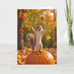 Autumn Squirrel Tossing Leaves in the Air Card