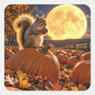 Autumn Squirrel with Acorn and Harvest Moon Square Sticker