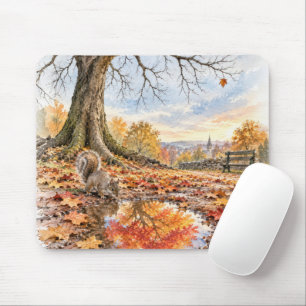 Autumn Squirrel with Puddle Reflection Mouse Pad