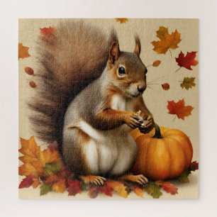 Autumn Squirrel with Pumpkin and Falling Leaves  Jigsaw Puzzle