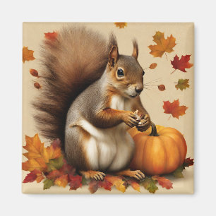 Autumn Squirrel with Pumpkin and Falling Leaves  Magnet