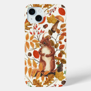 Autumn squirrels and autumnal flora on off white iPhone 15 mini case