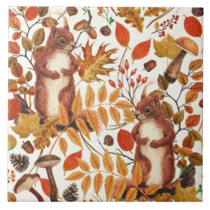 Autumn squirrels and autumnal flora on off white ceramic tile