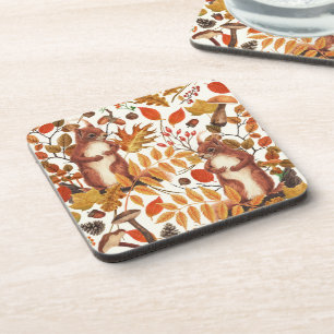 Autumn squirrels and autumnal flora on off white coaster