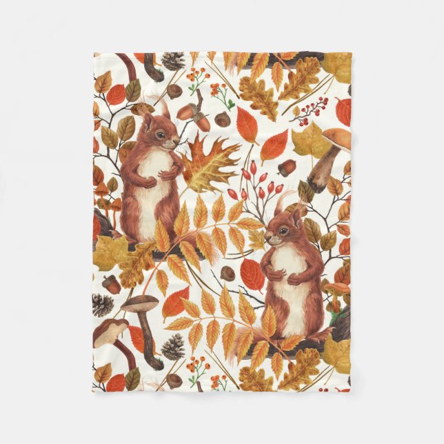 Autumn squirrels and autumnal flora on off white fleece blanket (Front)