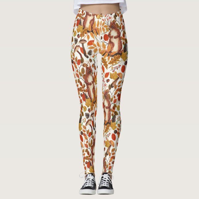 Autumn squirrels and autumnal flora on off white leggings (Front)