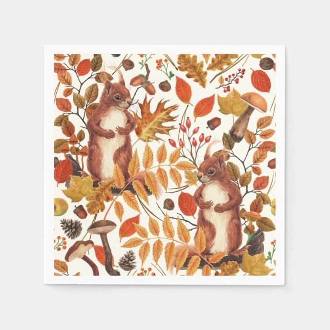 Autumn squirrels and autumnal flora on off white napkin (Front)