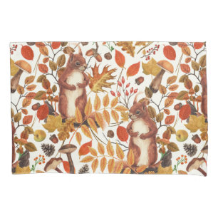Autumn squirrels and autumnal flora on off white pillowcase