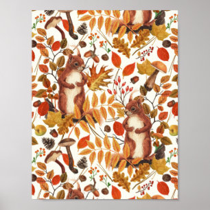Autumn squirrels and autumnal flora on off white poster