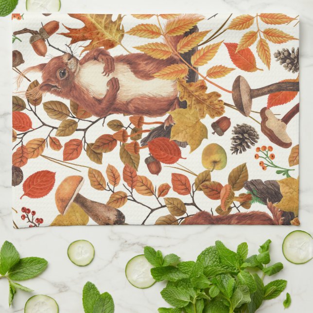 Autumn squirrels and autumnal flora on off white tea towel (Folded)
