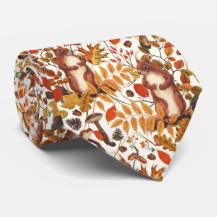 Autumn squirrels and autumnal flora on off white tie