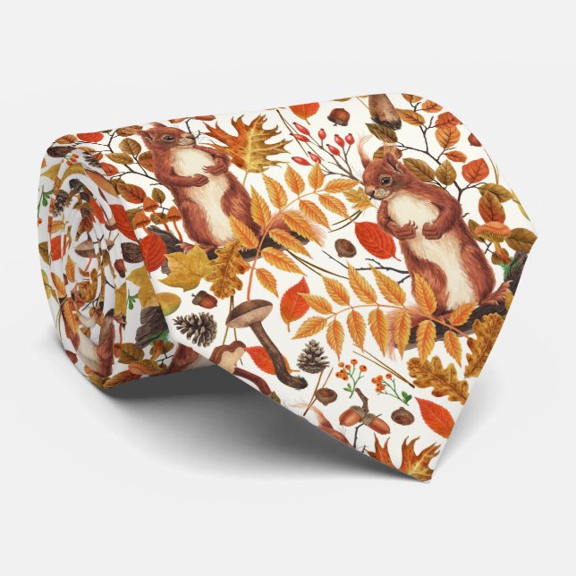 Autumn squirrels and autumnal flora on off white tie (Rolled)