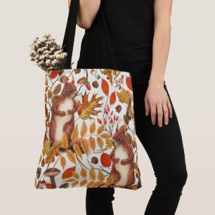 Autumn squirrels and autumnal flora on off white tote bag