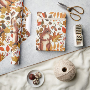 Autumn squirrels and autumnal flora on off white wrapping paper