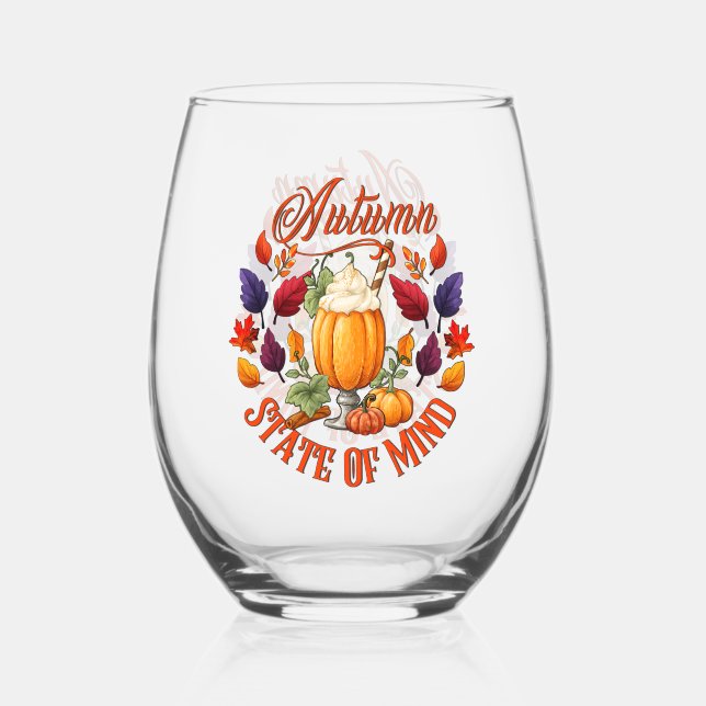 Autumn State Of Mind  Stemless Wine Glass (Front)