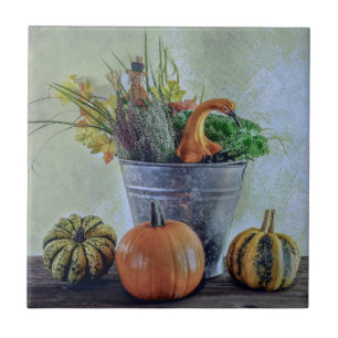 Autumn still life with pumpkins, flowers ceramic tile