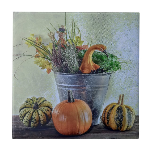 Autumn still life with pumpkins, flowers  ceramic tile (Front)
