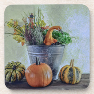 Autumn still life with pumpkins, flowers coaster