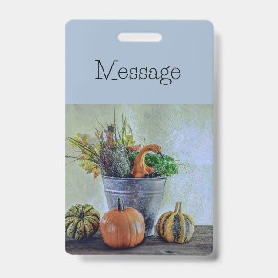Autumn still life with pumpkins, flowers ID badge