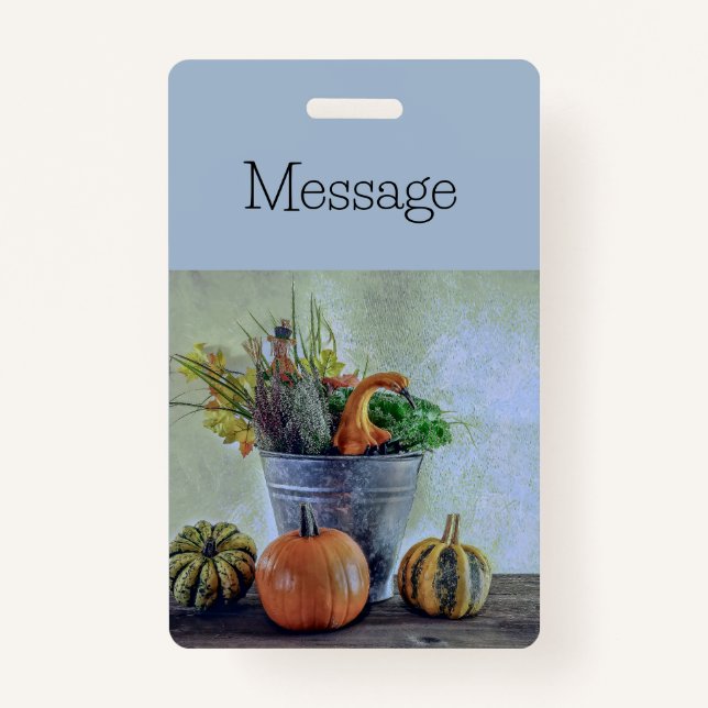 Autumn still life with pumpkins, flowers  ID badge (Front)