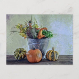 Autumn still life with pumpkins, flowers postcard