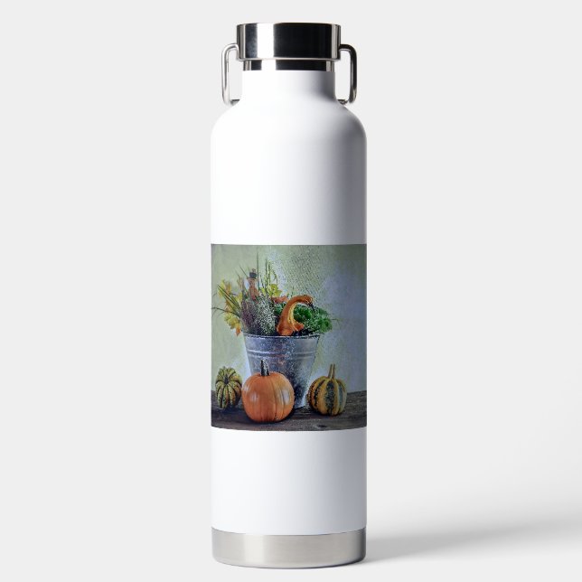 Autumn still life with pumpkins, flowers  water bottle (Front)
